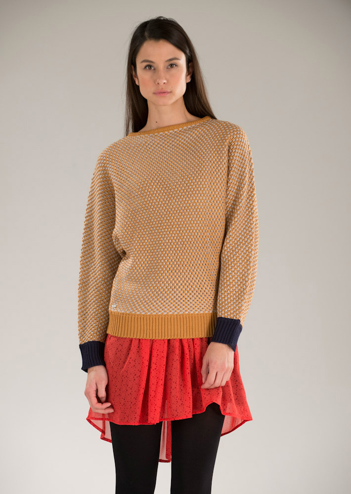 Supremebeing dámský pletený svetr, červená sukně se vzorem