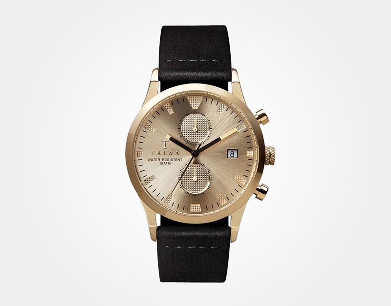 Triwa – luxusní pánské a dámské hodinky – Sort of Black Gold Chrono – z pozlacené oceli, kožený náramek