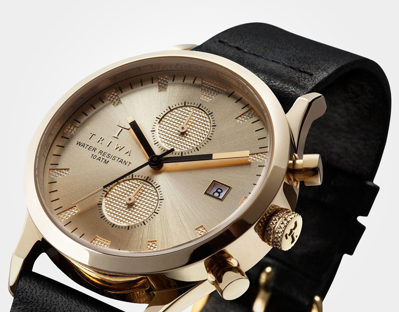 Triwa – luxusní pánské a dámské hodinky – Sort of Black Gold Chrono – z pozlacené oceli, kožený náramek
