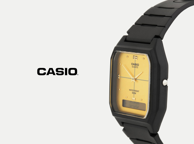 Hodinky Casio AW48HE-9A – pánské a dámské, náramkové, digitální a analogové, černé, ciferník zlaté barvy