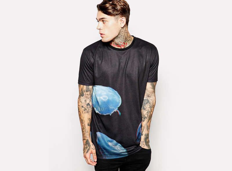 Asos Black – pánské tričko/triko s potiskem, černá, motiv – medůzy