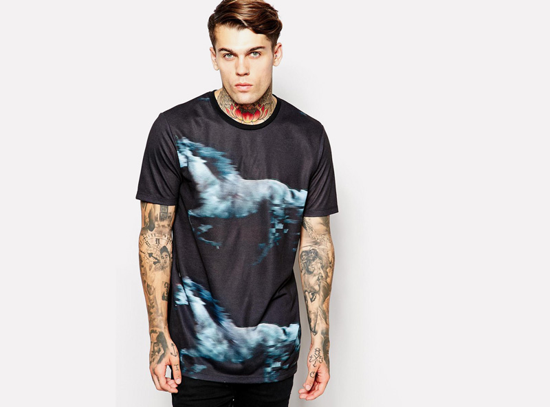 Asos Black – pánské tričko/triko s potiskem, černá, motiv – koně