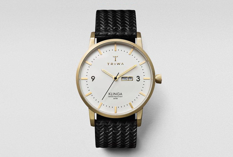 Hodinky Triwa Klinga – černý náramek, zlaté pouzdro, bílý ciferník