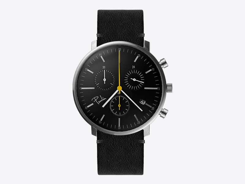 Paulin – pánské hodinky C200B, náramkové, černý ciferník, černý kožený náramek, ocelové pouzdro