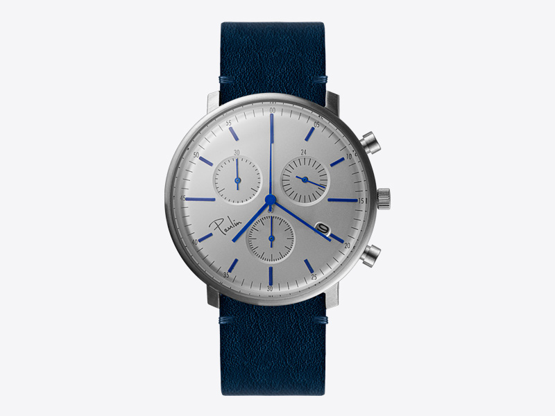Paulin – pánské hodinky C200D, náramkové, stříbrný ciferník, modrý kožený náramek, ocelové pouzdro