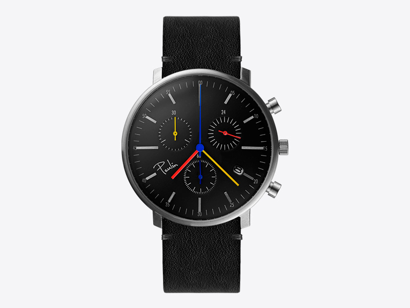 Paulin – pánské hodinky C200C, náramkové, černý ciferník, černý kožený náramek, ocelové pouzdro