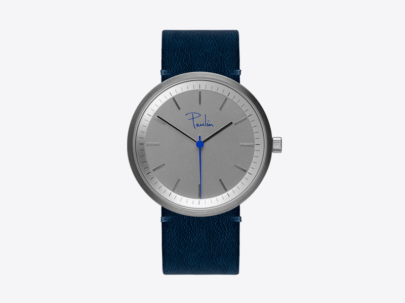 Paulin – pánské a dámské hodinky S75C, náramkové, modrý kožený náramek, ocelové pouzdro, šedý ciferník