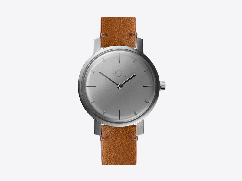 Paulin – dámské hodinky C50C, náramkové, hnědý kožený náramek, ocelové pouzdro, šedý ciferník