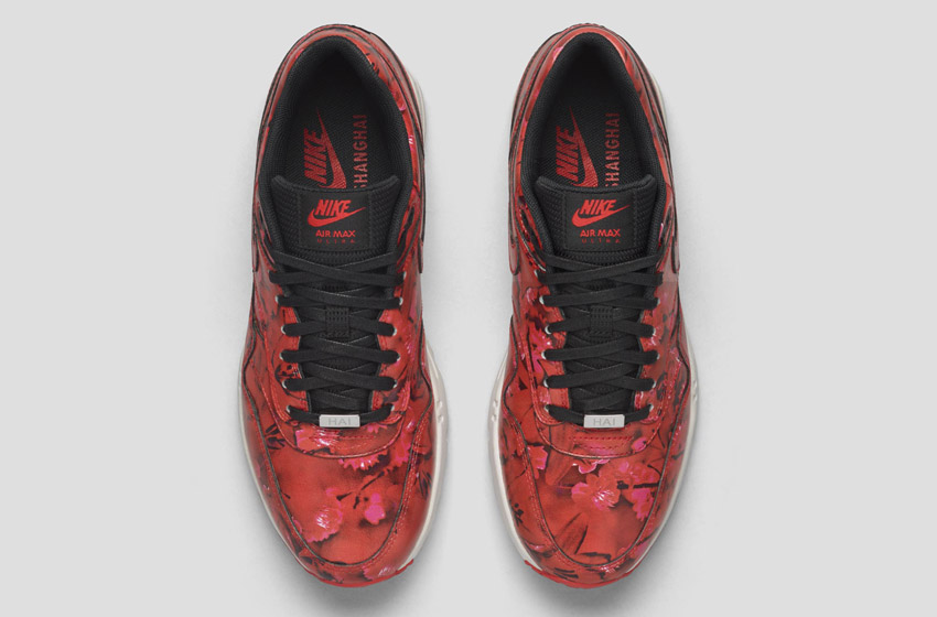 Nike Air Max 1 Ultra City – Shanghai – dámské boty, barevné tenisky s květinovými vzory – červené – sneakers