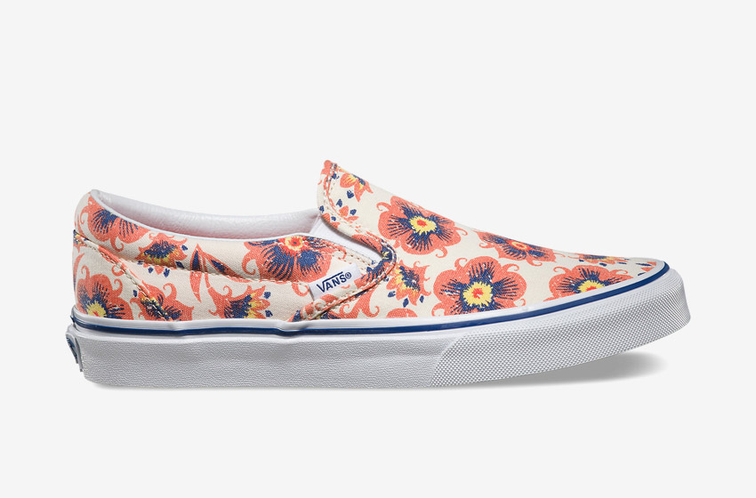 Vans – Slip-On Vintage Floral – dámské letní boty, Vansky, plátěné tenisky, modro-oranžové rostlinné motivy