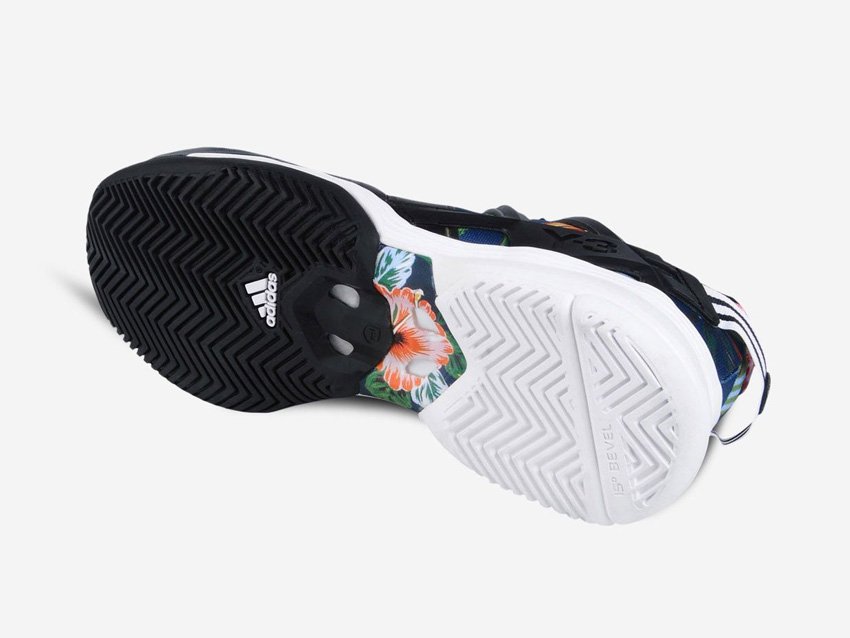 adidas – Roland Garros Y-3 – černé tenisové boty Adizero, barevný květinový motiv, podrážka, tenisky, sneakers