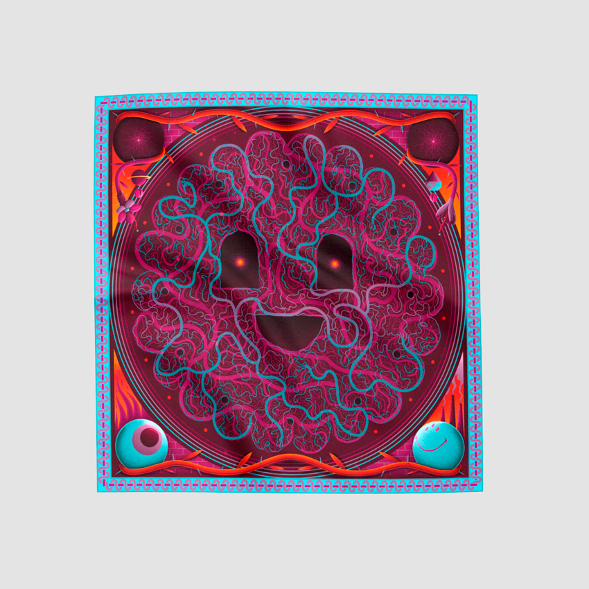 MAMAMA x Nicolas Barrome – dámský šátek s psychedelickou ilustrací, červený, modrý, barevný, scarf