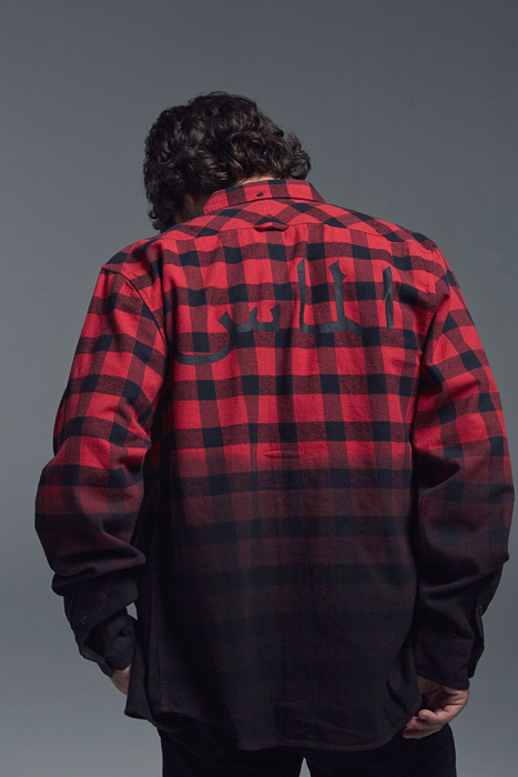 Black Scale x Diamond Supply Co. — kostkovaná flanelová košile, červeno-černá, bavlněná košile, dlouhý rukáv