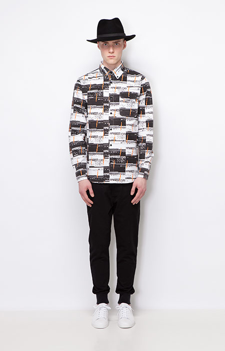 Ucon Acrobatics — pánská košile s dlouhým rukávem, vzorovaná — černé kalhoty joggers s úplety — pánské oblečení — podzim/zima 2015