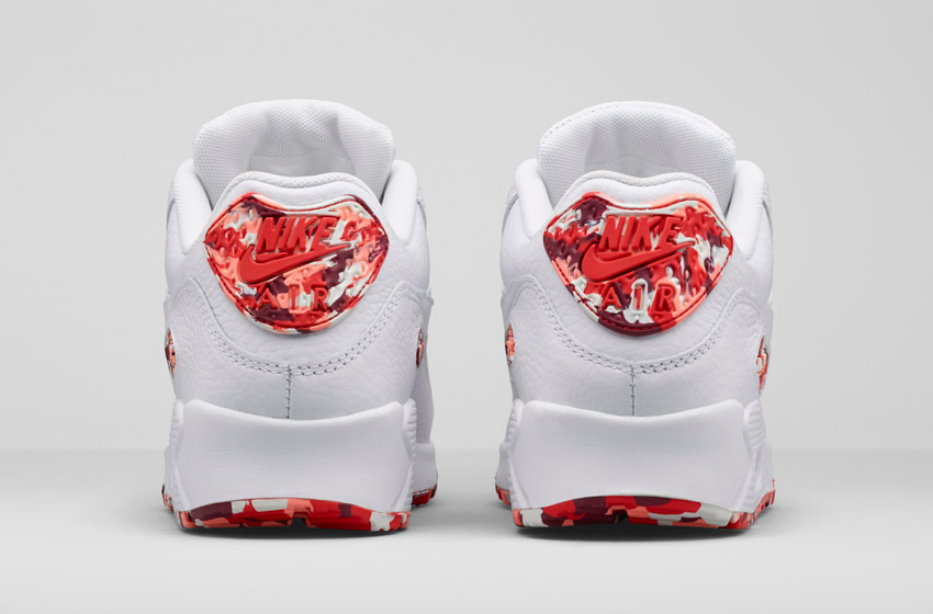 Nike Air Max 90 — London – Eton Mess — City Collection — dámské boty, zadní pohled — bílé, červené detaily
