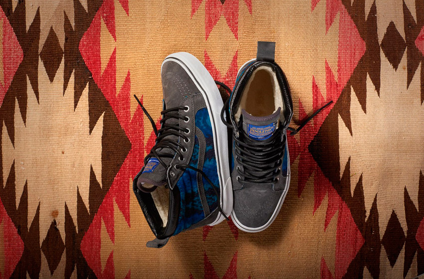 Vans x Pendleton — Sk8-Hi MTE — zateplené kotníkové boty s kožíškem, vlněné sneakers se vzory, vysoké — šedé, modré — dámské, pánské