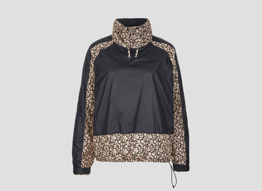 Liberty London x Nike Pullover Jacket Tan Cameo Mini Print — dámská sportovní bunda, černá, světle hnědý vzor 
