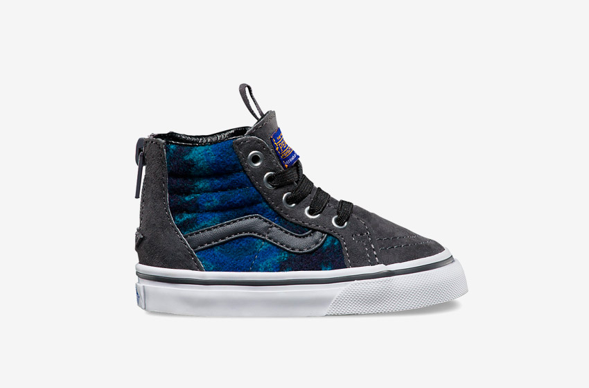 Vans x Pendleton — Sk8-Hi Zip — zateplené kotníkové boty s kožíškem, vlněné sneakers se vzory, vysoké — šedé, modré — dětské