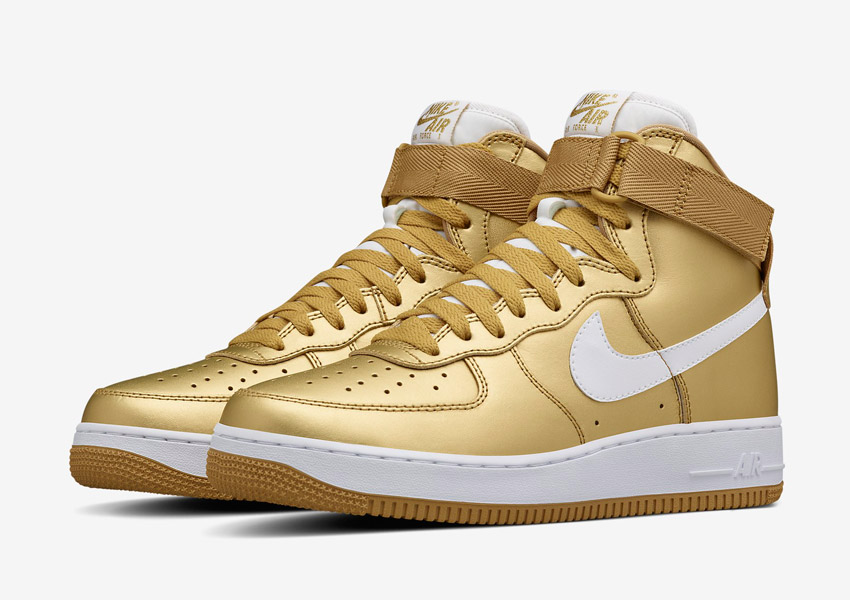 Nike Air Force 1 High — Metallic Gold — metalické sneakers, tenisky, vysoké kotníkové boty — pánské, dámské — zlaté — Nikelab