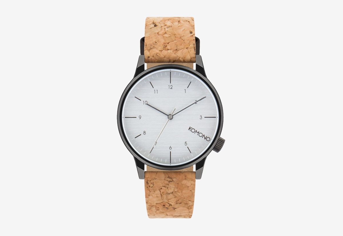 Komono Winston Cork — hodinky s korkovým náramkem — tmavě šedé ocelové pouzdro, šedý ciferník — pánské, dámské