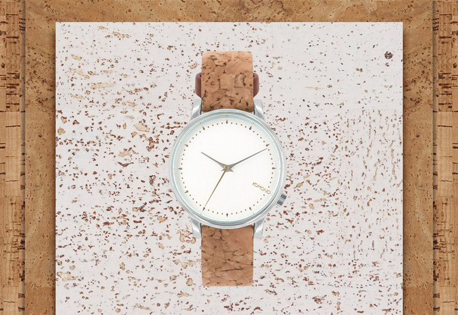 Komono Estelle Cork — hodinky s korkovým náramkem — šedé ocelové pouzdro, bílý ciferník — dámské