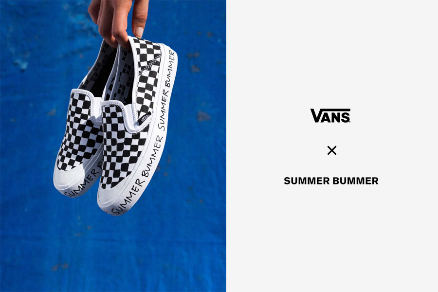 Vans x Summer Bummer — dámské boty bez tkaniček Slip-On — kecky bez tkaniček — černo-bílé, vzor šachovnice