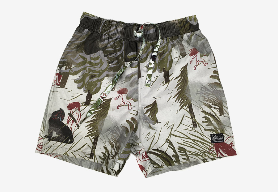 Retart — pánské koupací šortky — plavky — zelené, smetanové — swim shorts — s ilustrací, pravěké motivy — Juliana Chomová