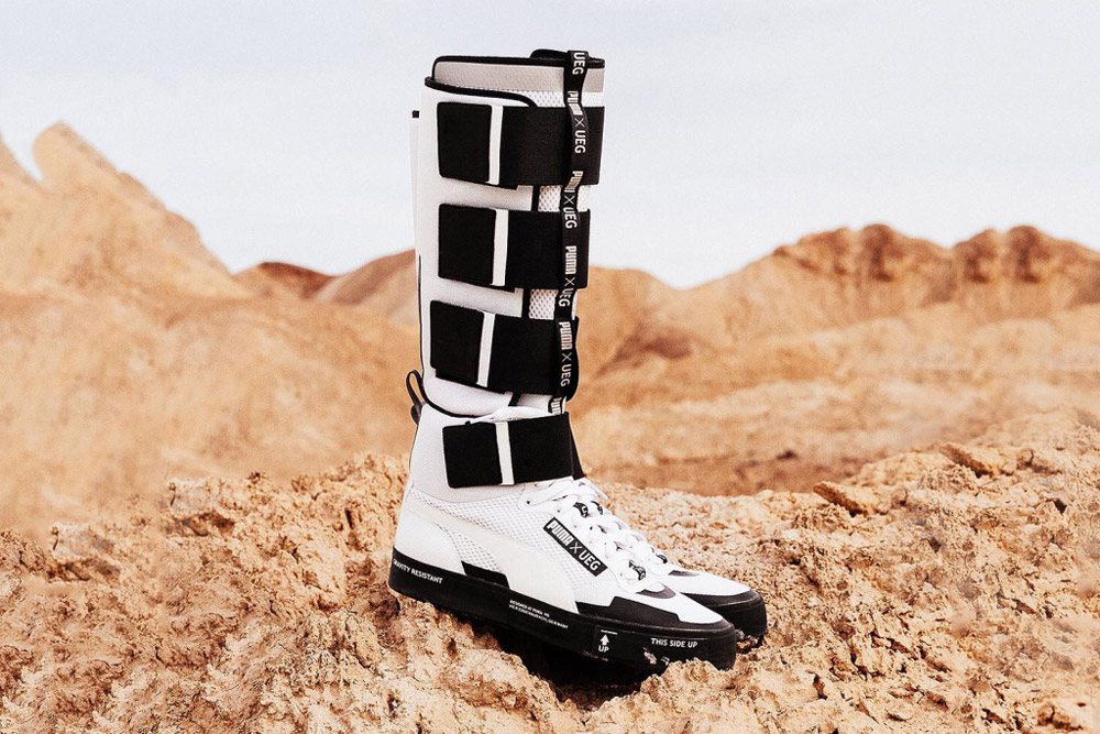 PUMA x UEG — Gravity Resistance — futuristické vysoké tenisky, kozačky — černo-bílé — lookbook