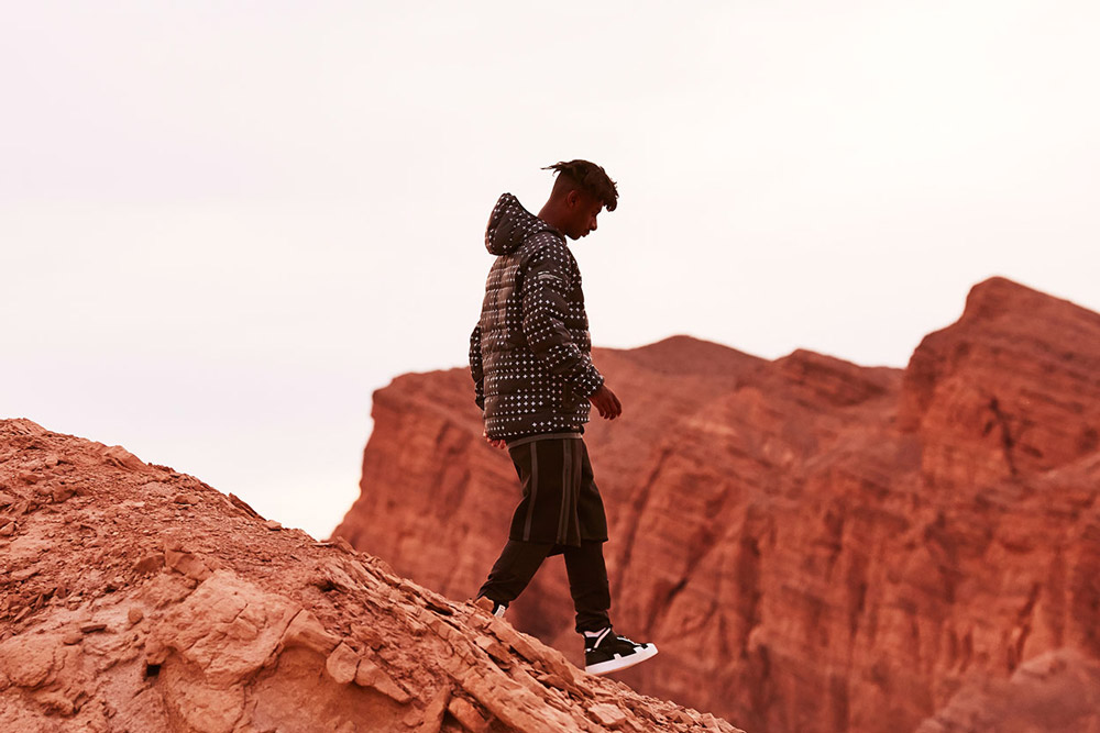 PUMA x UEG — Gravity Resistance — pánská černá bunda s bílými puntíky, prošívaná — černé šortky — lookbook