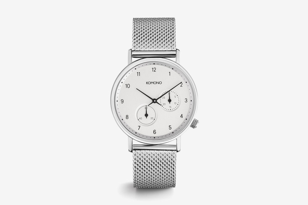 Komono Walther — hodinky — náramkové — ocelové pouzdro, bílý ciferník, ocelový náramek