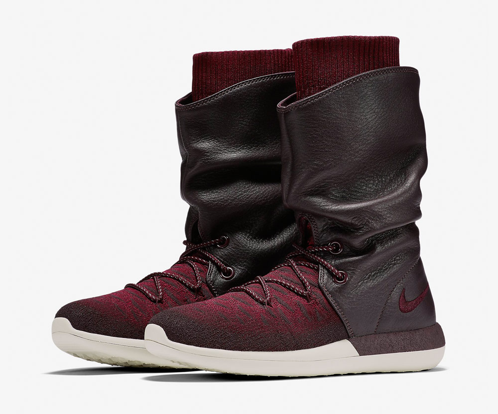 Nike Roshe Two Flyknit Hi — dámské zimní boty — kotníkové — vysoké — voděodolné — sneakers — hnědo-červené