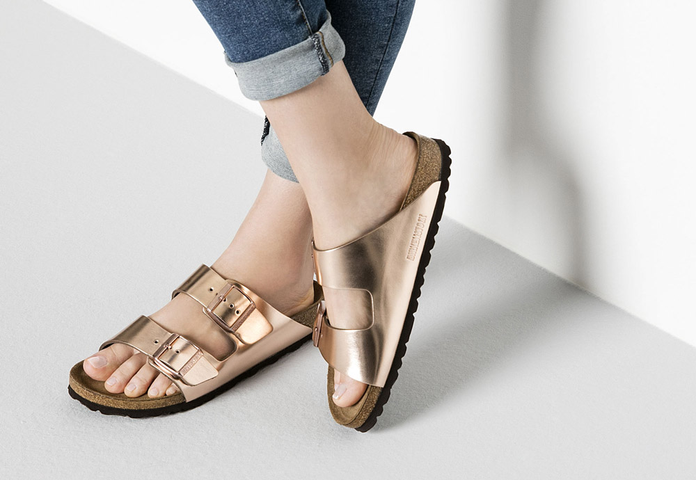 Birkenstock — korkové pantofle — Arizona — dámské — kožené — měděné — metalické — Metallic Copper