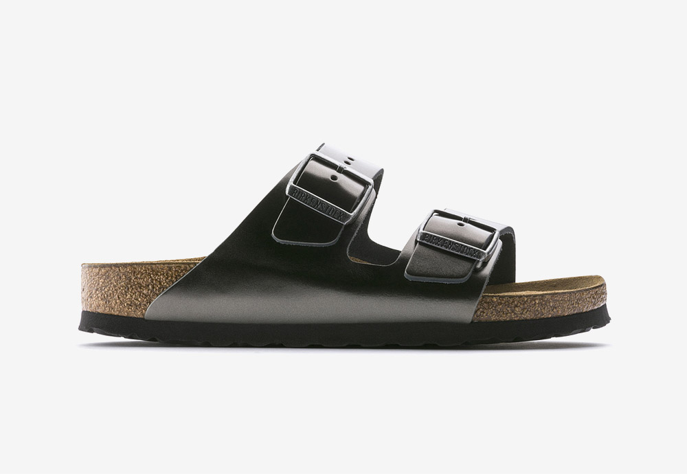 Birkenstock — korkové pantofle — Arizona — dámské — kožené — černé, antracitové — metalické — Metallic Anthracite