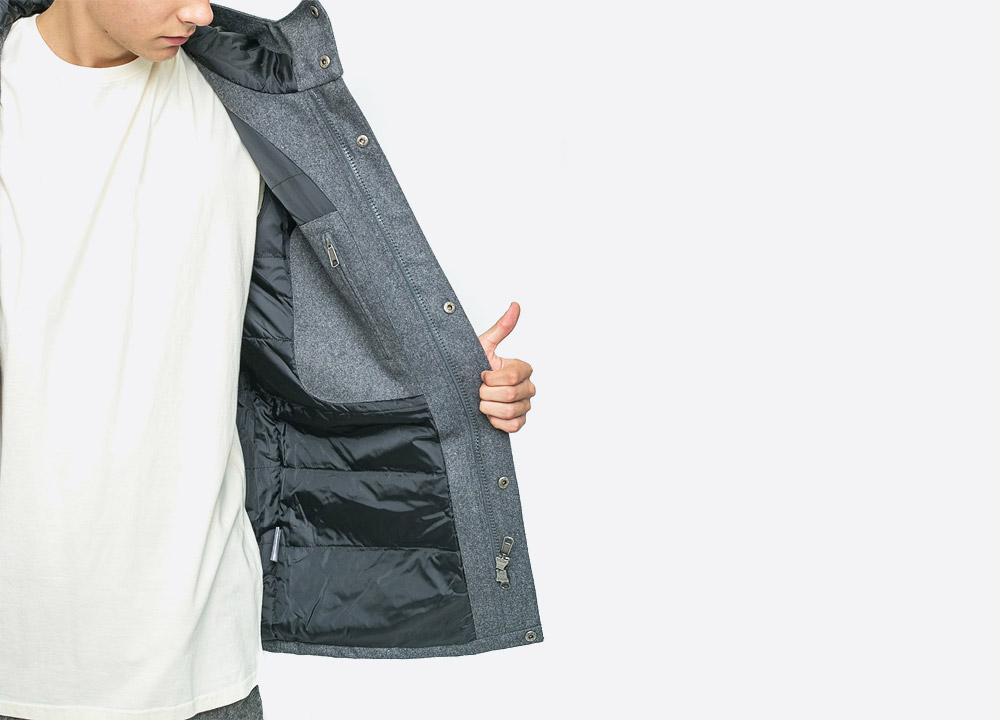 Makia — Field — pánská vlněná zimní bunda s kapucí — šedá — grey men’s hooded winter jacket