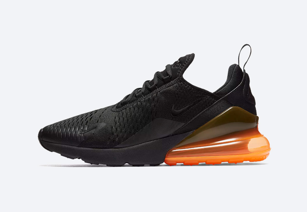 Nike Air Max 270 — tenisky — boty — pánské — Airmaxy — černé, oranžová pata — men’s sneakers — black, orange midsole