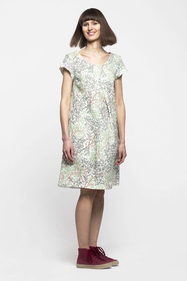 K.BANA — dámské letní šaty nad kolena — lněné — zeleno-bílé — se vzorem, koruny stromů
