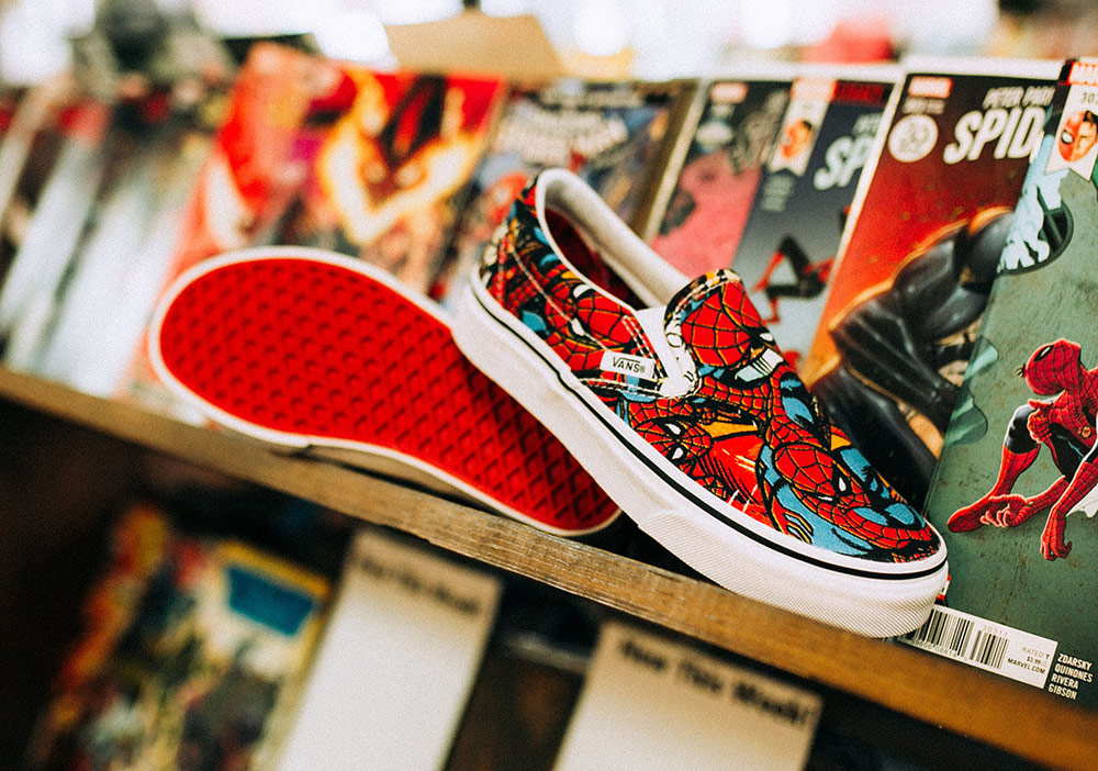 Vans x Marvel — Spiderman — Vans Slip-On — boty — barevné tenisky — pánské, dámské — sneakers