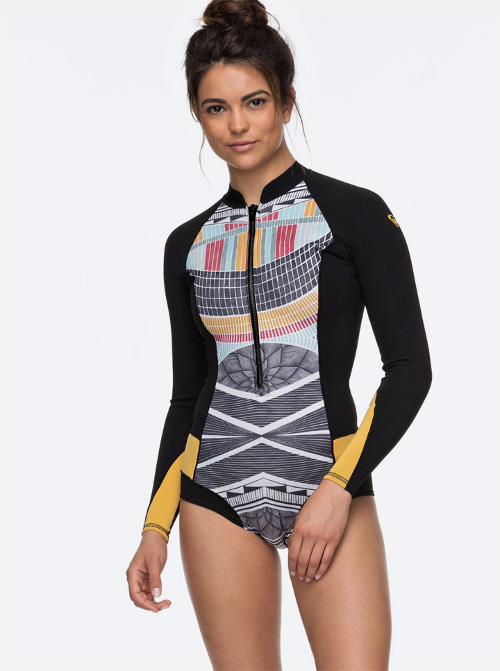 Roxy Pop Surf — surfařské neoprenové body s dlouhými rukávy — dámské — swimsuit — černé s barevným vzorem léto 2018