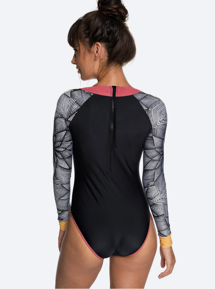 Roxy Pop Surf — dvoudílné plavky na zip s dlouhými rukávy — dámské — černé se vzorem — swimsuit léto 2018