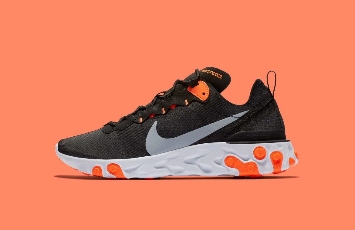 Nike React Element 55 — boty — pánské — sneakers — černé, oranžové detaily