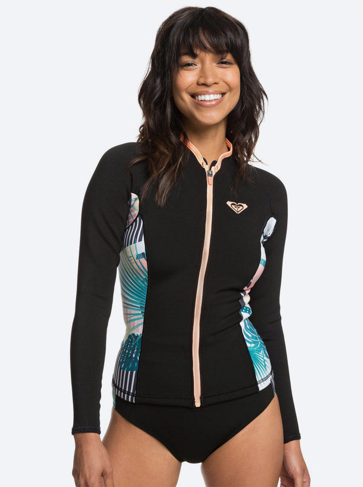 Roxy — Pop Surf 2019 — dámské jednodílné plavky na zip s dlouhými rukávy — neoprenové — černé s barevnými rostlinnými motivy — swimsuit