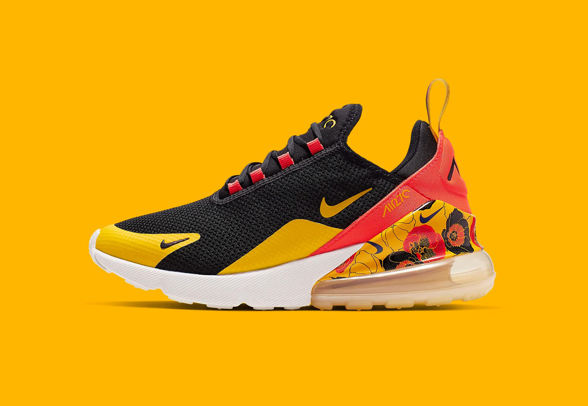 Nike Air Max 270 SE Floral — dámské boty s květinovýmí vzory — černé, žluté — sneakers
